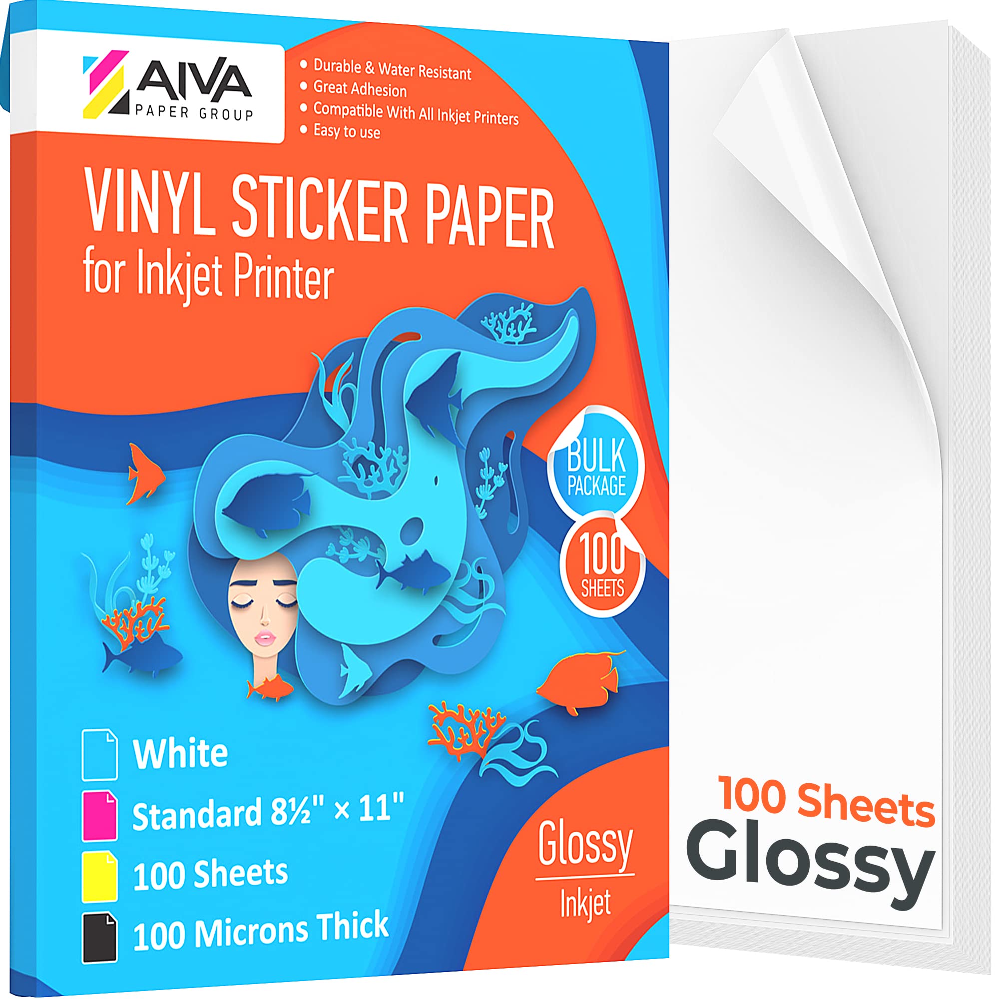 Printable Vinyl Sticker Paper - Waterproof Decal Paper For Inkjet Printer - 100 Self-Adhesive Sheets - Glossy White - Standard L