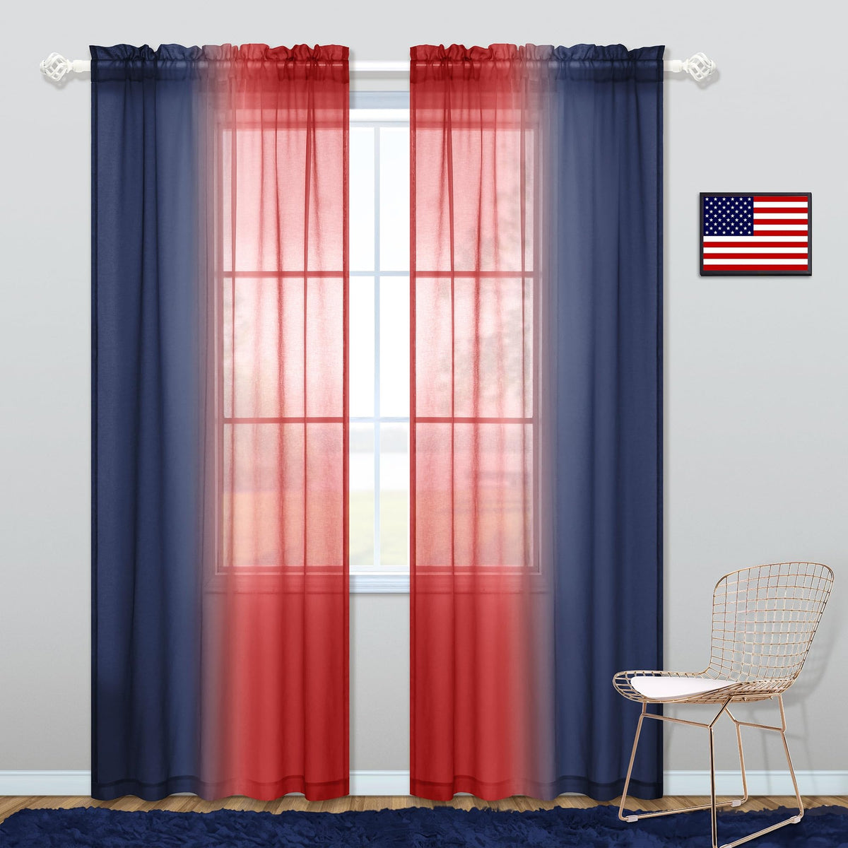 Koufall Navy And Red Curtains For Boys Room Decor 2 Panel Sets Rod Pocket Ombre Sheer Patriotic Navy Blue Curtains For Kids Bedr
