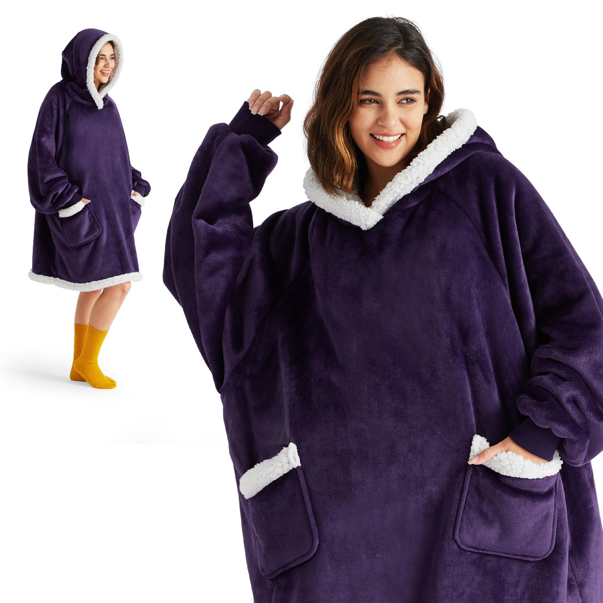 Bedsure Wearable Blanket Hoodie With Sleeves - Sherpa Hooded Blanket Adult As Gifts For Mom Women, Sweatshirt Blanket Purple Sta