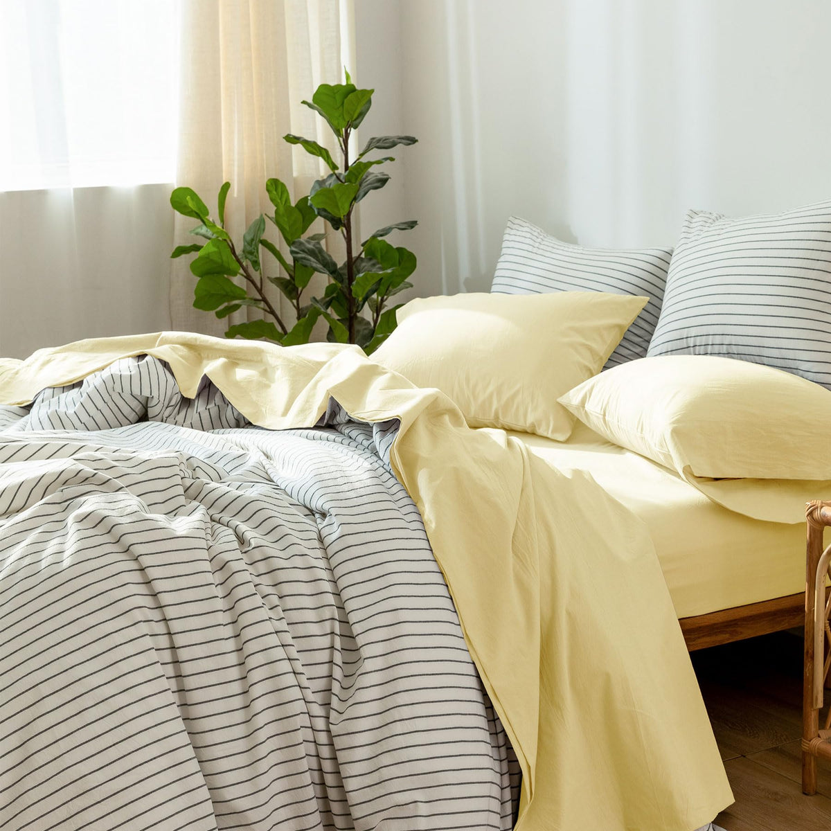 Moomee Bedding Sheet Set 100% Washed Cotton Linen Like Textured Breathable Durable Soft Comfy (Butter Yellow, Queen)