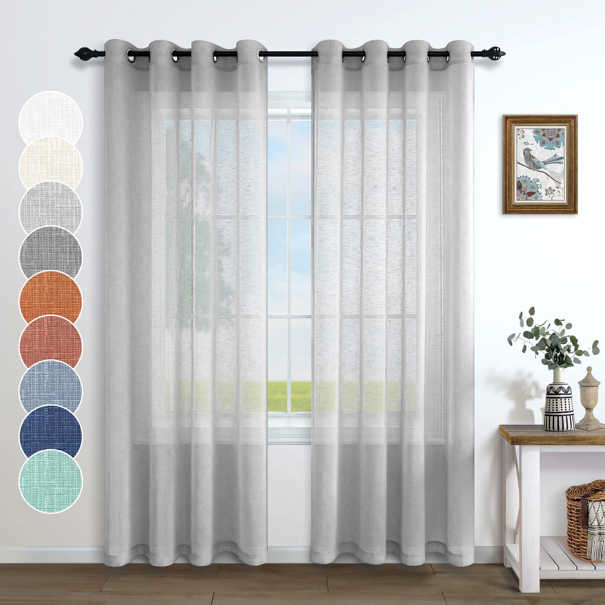 Gray Sheer Curtains 96 Inches Long for Living Room 2 Panels Grommet Woven Textured Voile Drapes Flowy Lightweight Floor Length C