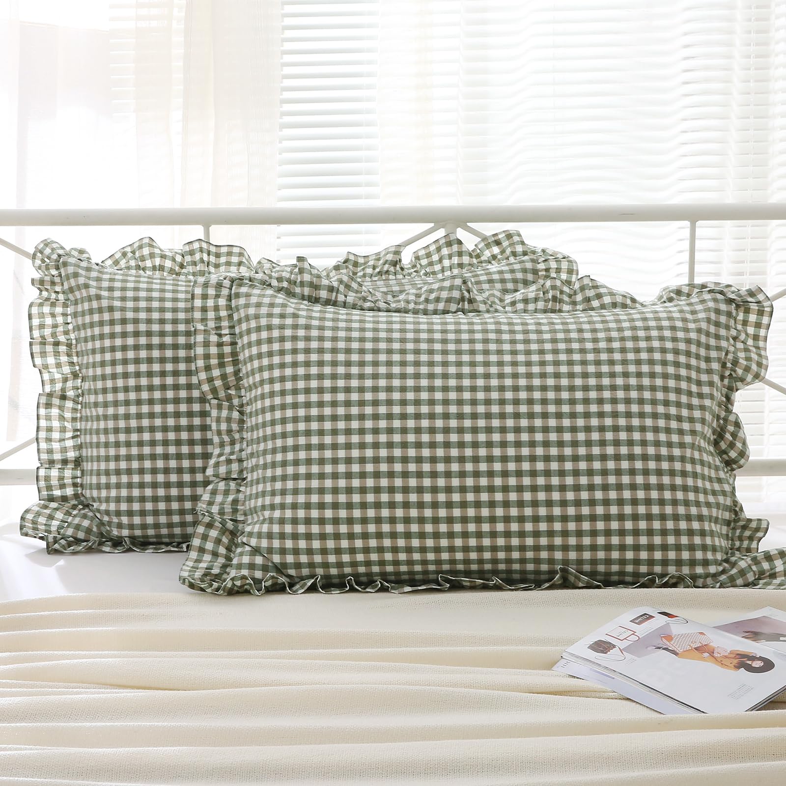 K Masaniji 2 Pack Sage Green And White Plaid Ruffle Gingham King Size Pillow Shams 20X36 Inches, Washed Cotton Checkered Farmhou