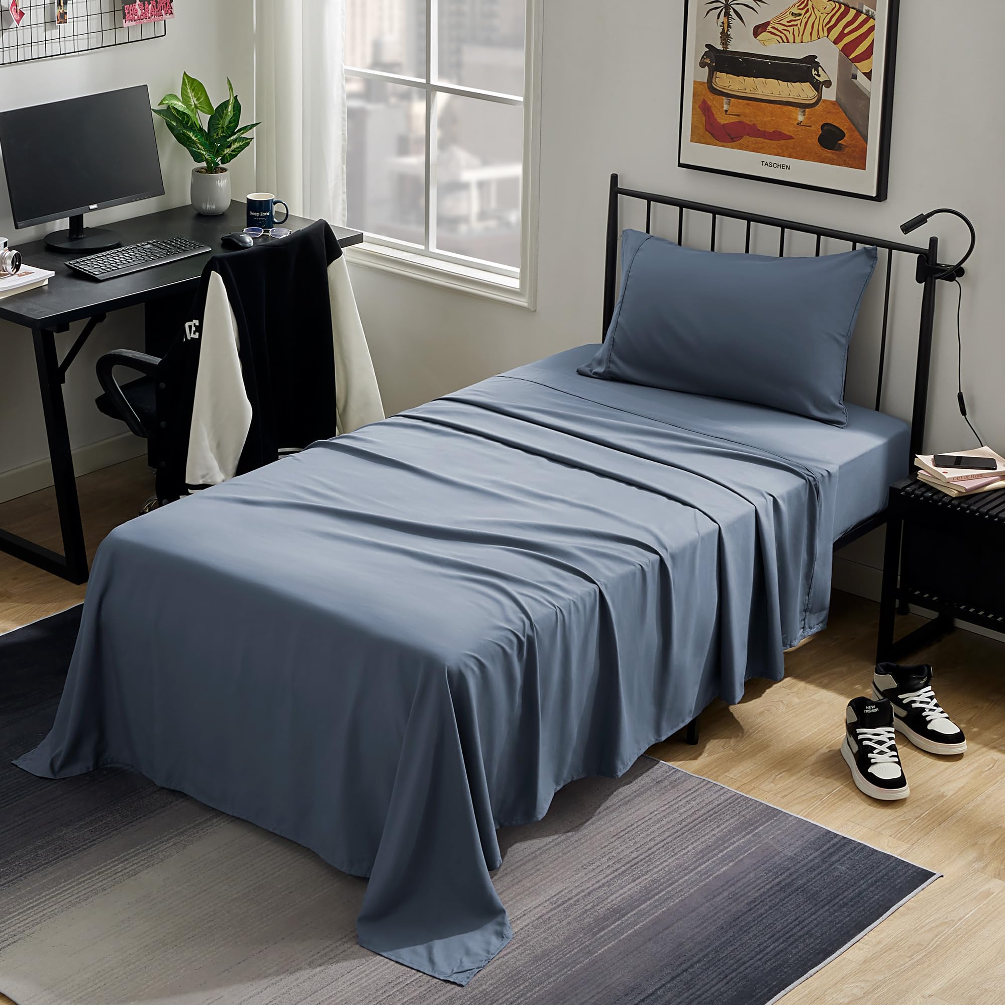 Sleep Zone Nanotex Super Soft Cooling Twin Bed Sheets Set For Kids 3 Piece - Easy Care Fitted Flat Sheet & Pillowcase Sets - Wrinkle Free, Fade Resistant, Deep Pocket 16' (Flint Blue, Twin)