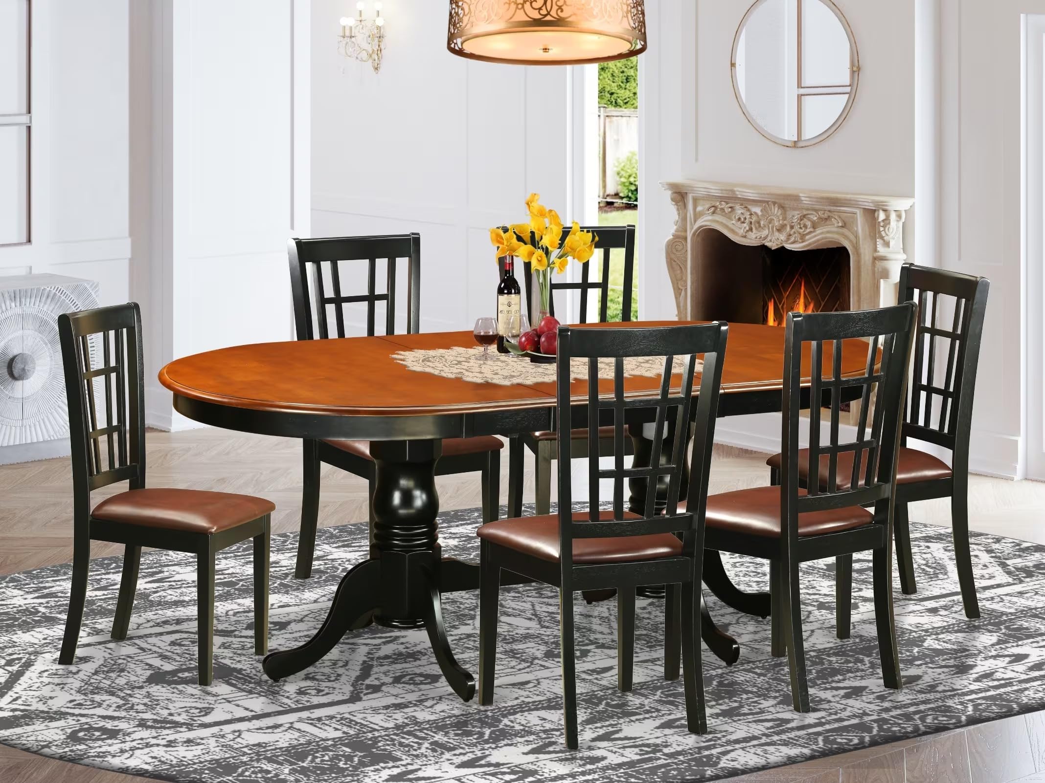 East West Furniture PLNI7-BCH-LC 7 Piece Modern Dining Table Set Consist of an Oval Wooden Table with Butterfly Leaf and 6 Faux Leather Dining Room Chairs, 42x78 Inch, Black & Cherry