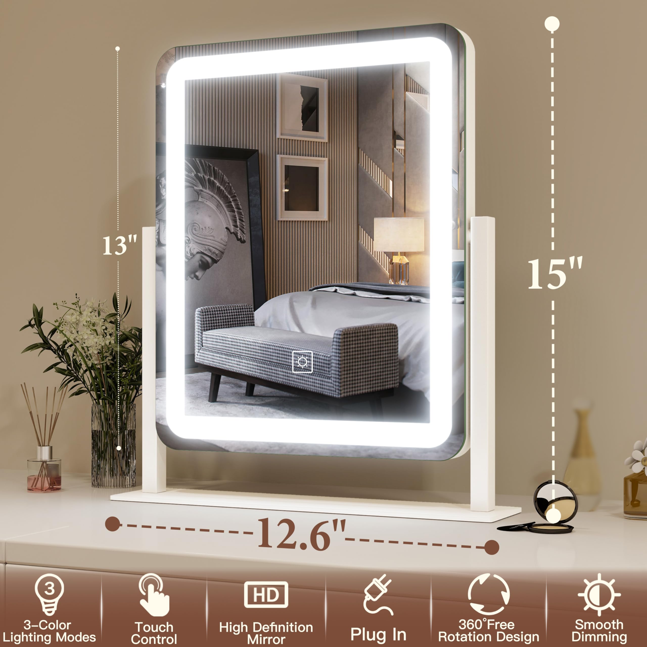 Fennio Vanity Mirror With Lights - 15'X12.6' Led Lighted Makeup Mirror, Large Makeup Mirror With Lights, Touch Screen With 3-C
