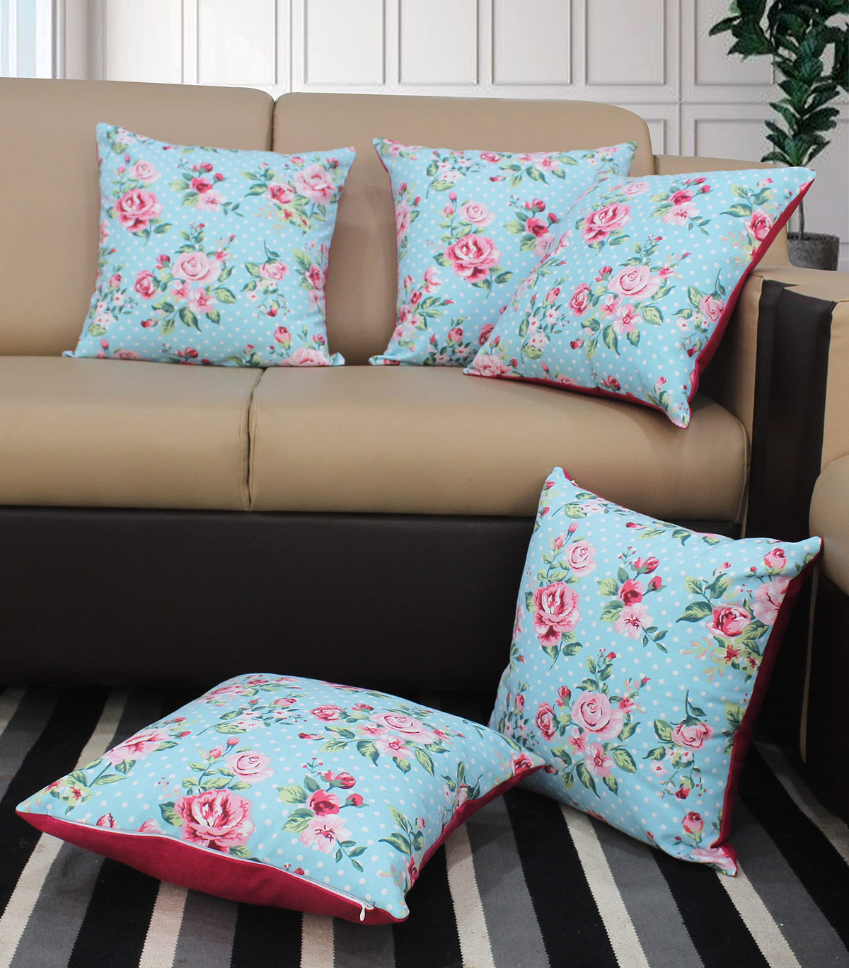 Airwill Cotton Small Pink Rose Themed Cushion Covers For Cushions & Pillows (Pink & Green, Pack Of 5)