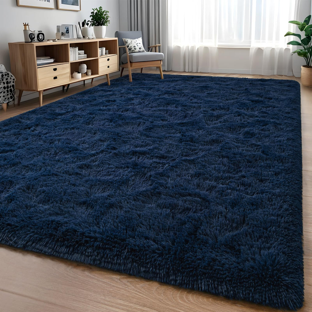 Larhom Fluffy Shag Area Rug for Bedroom Living Room, 5x8 ft Navy Blue Fuzzy Plush Rugs for Kids Girls Boys Room, Nursery Dorm Ro