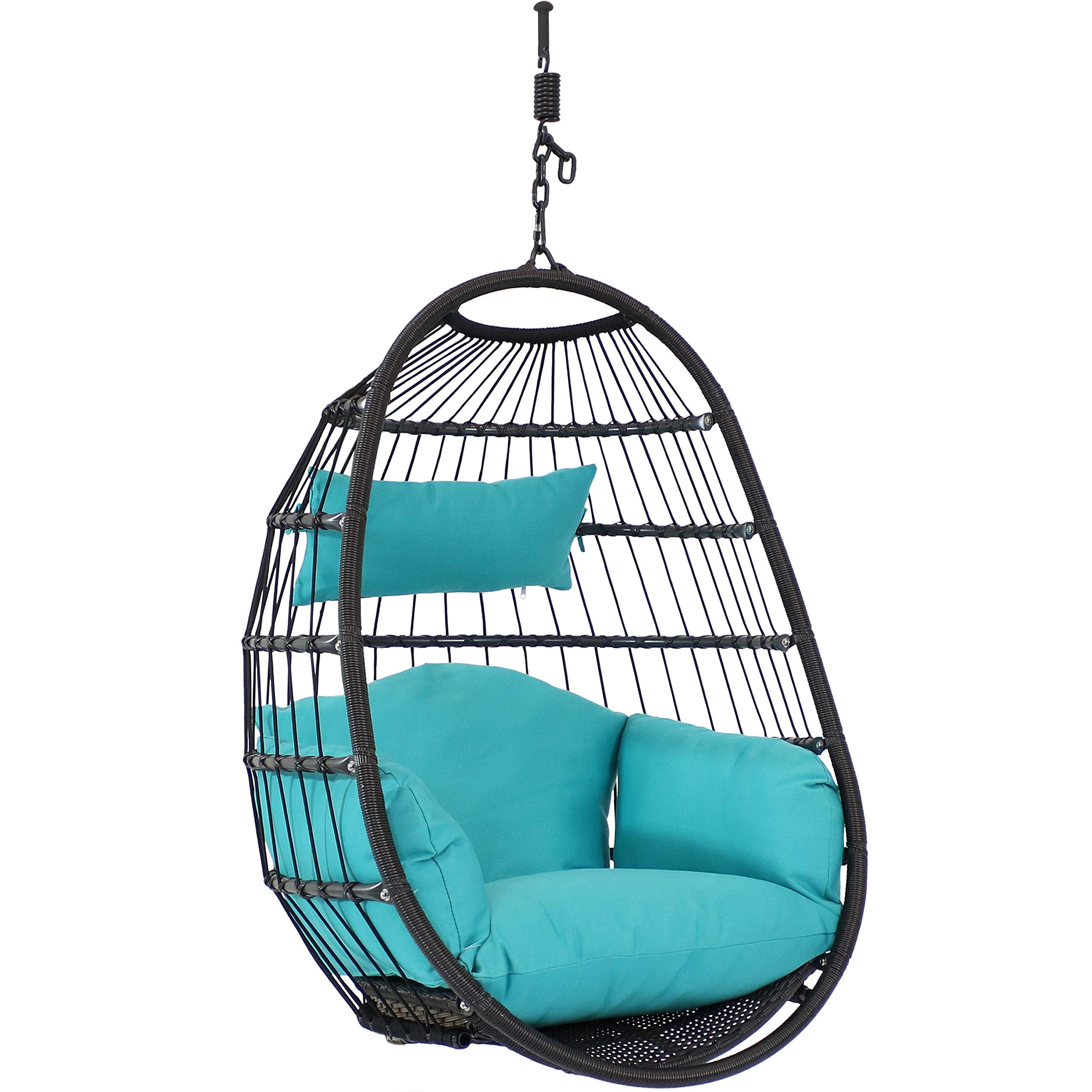 Sunnydaze Penelope Black Steel and Polyethylene Wicker Hanging Egg Chair with Turquoise Polyester Cushions - 45-Inch Tall