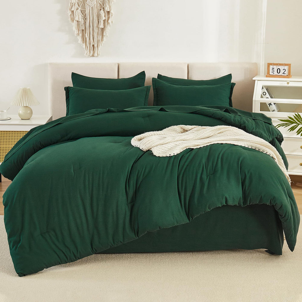 Litanika California King Comforter Set Dark Emerald Green - 7 Pieces Bed In A Bag Cal King Beddding Comforter Sets, Plain Lightw