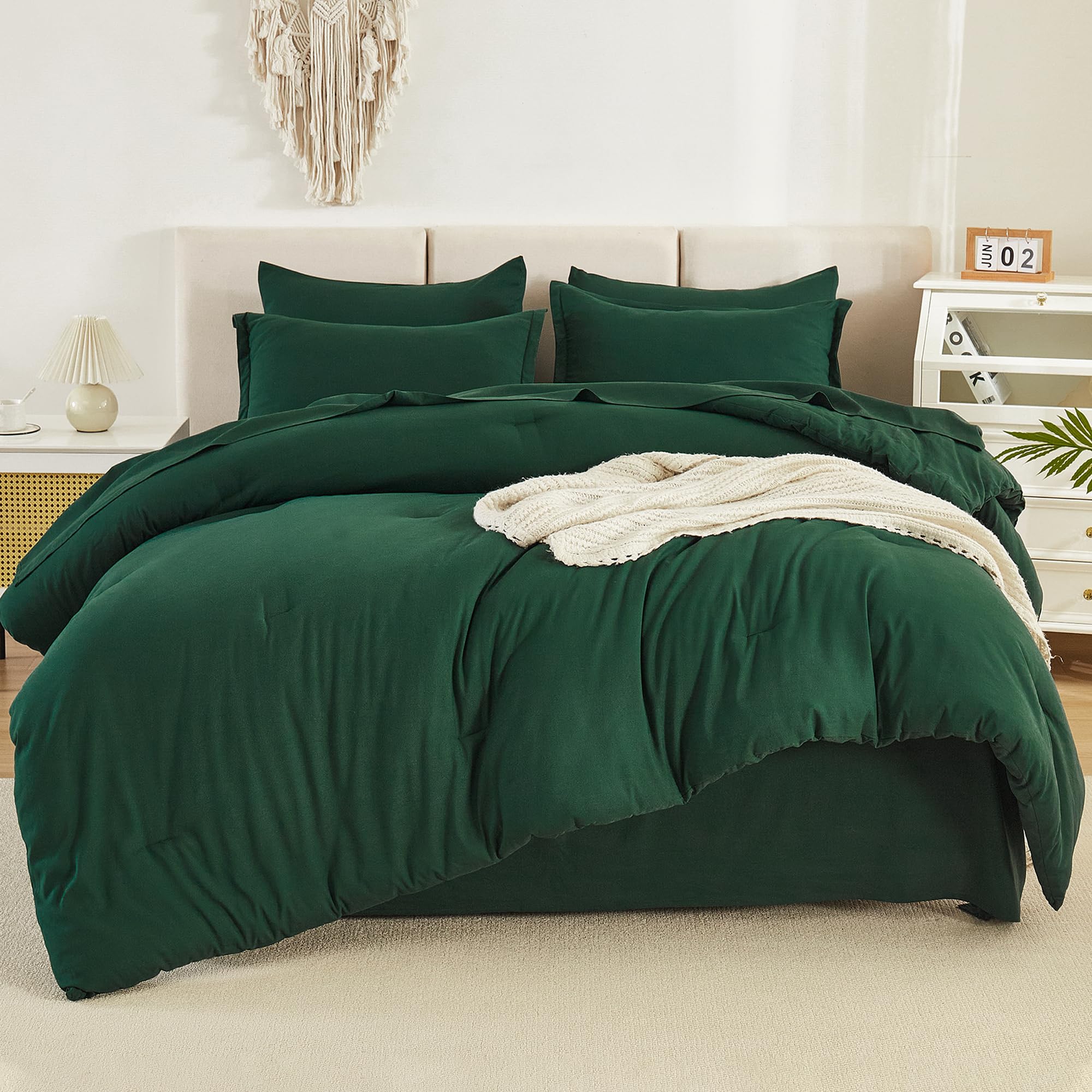 Litanika California King Comforter Set Dark Emerald Green - 7 Pieces Bed In A Bag Cal King Beddding Comforter Sets, Plain Lightw