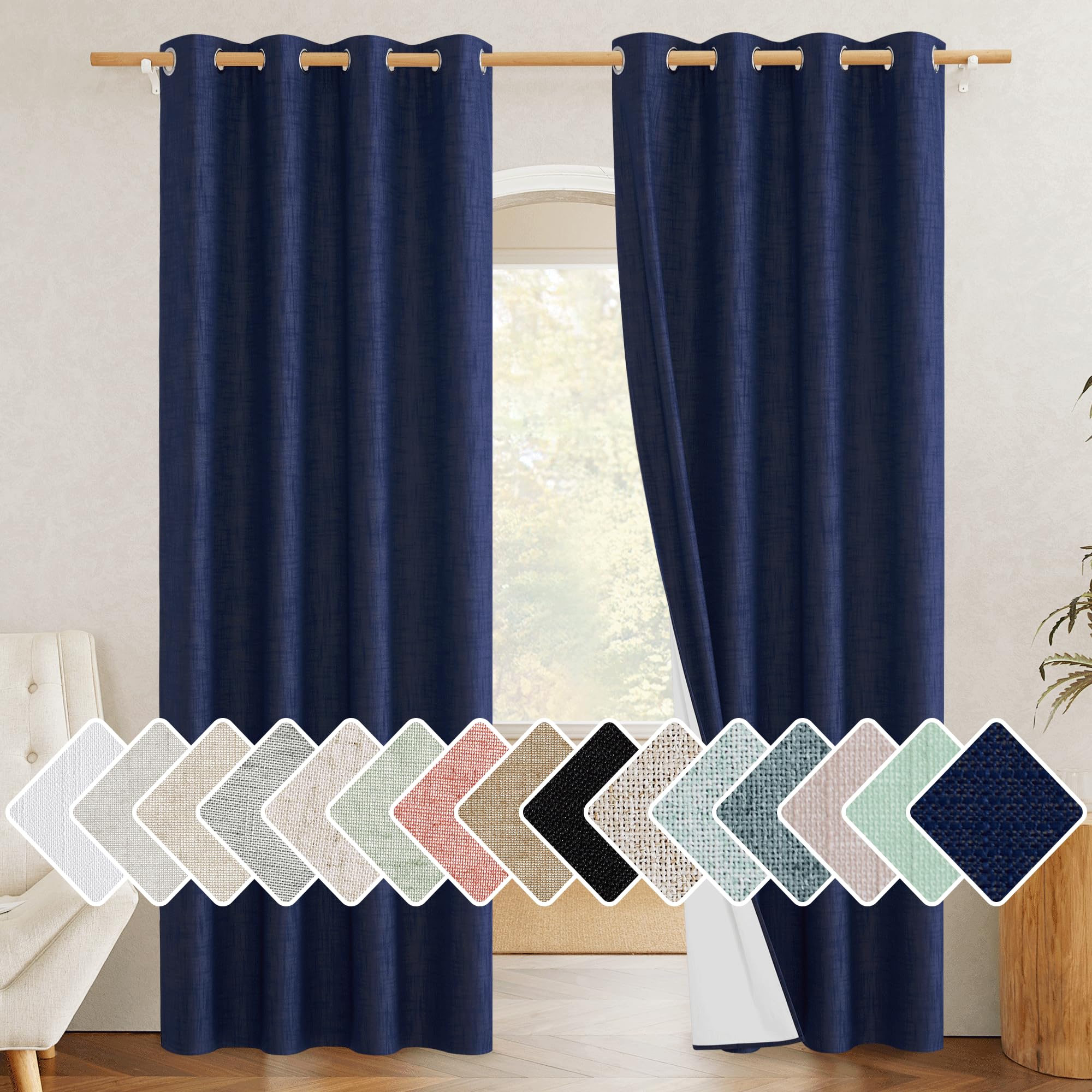 Nicetown 100% Absolutely Blackout Linen Curtains With Thermal Insulated White Liner, Dark Blue, 52' Wide, 2 Pieces, Privacy Vertical Window Drapes For Office Laundry Living Room Windows 84 Inch Long