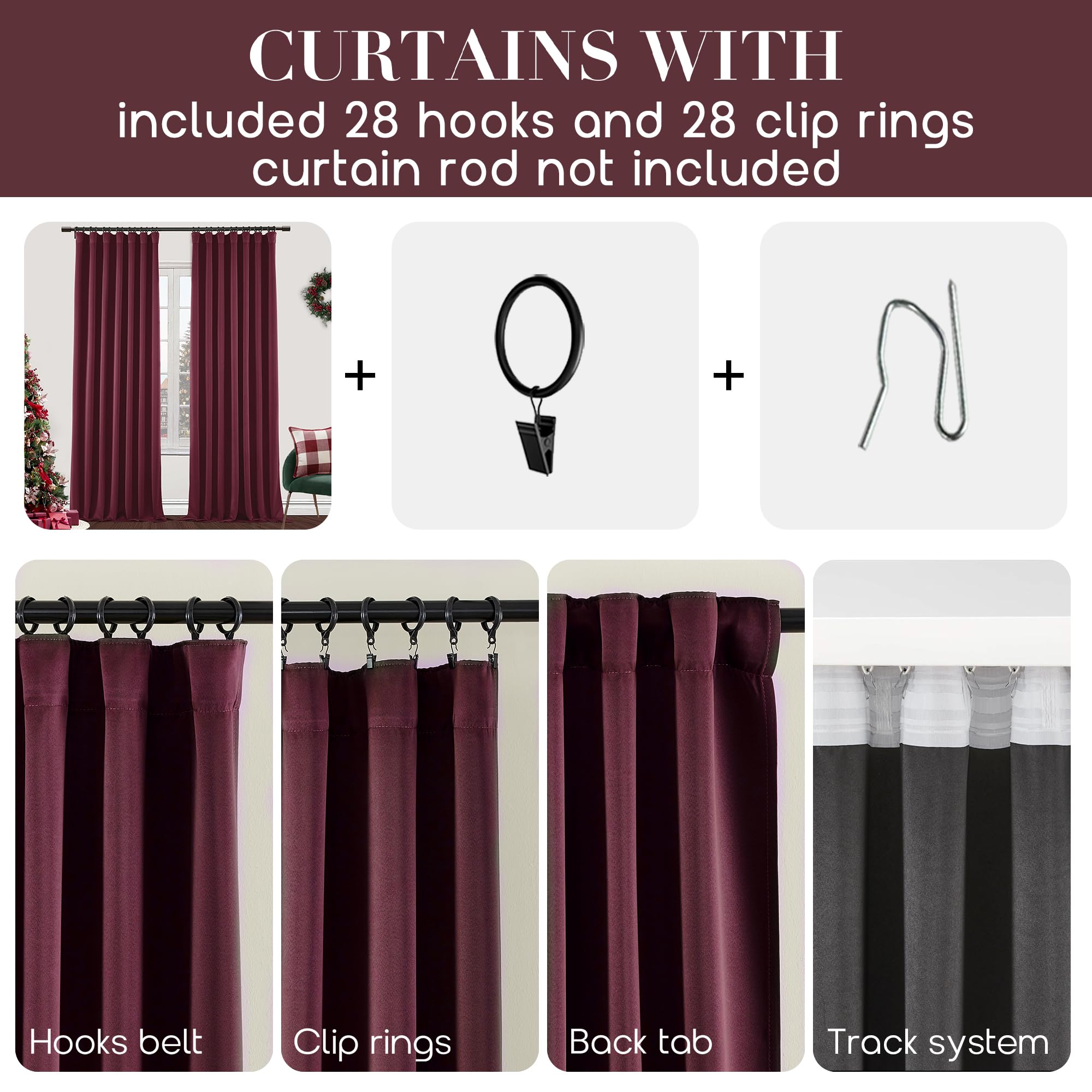 Shineland Wine Red Burgundy Curtains 63 Inch Length For Bedroom 2 Panels Winter Thermal Blackout Curtains For Kitchen