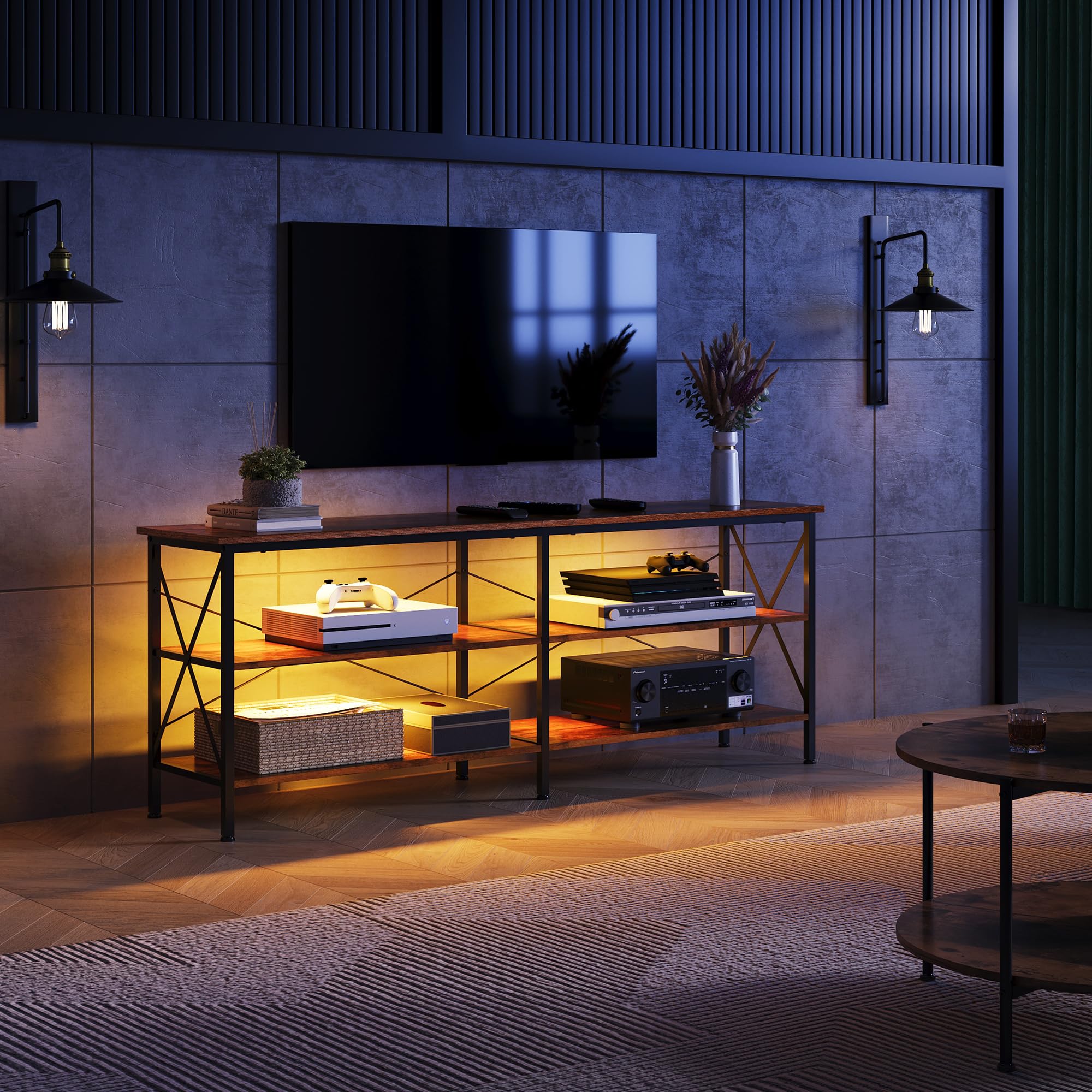 Wlive Tv Stand Up To 70 Inch Tv, 63' Entertainment Center With Led, Tv Media Console With 3-Tier Storage Shelves For Living Room And Bedroom, Rustic Brown