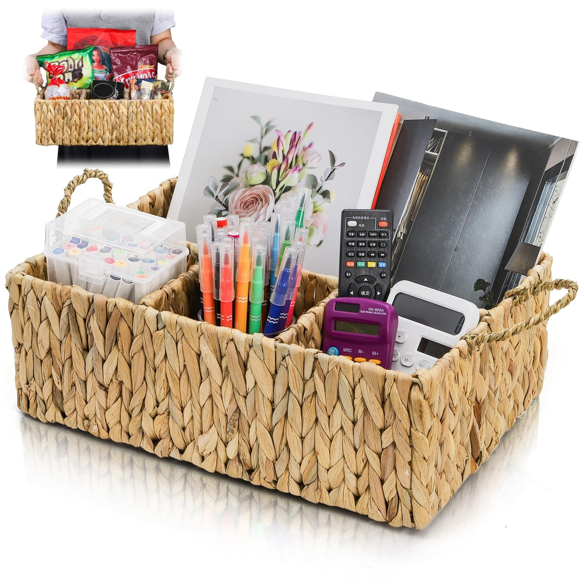YIMITEE Divided Water Hyacinth Storage Basket, 4 Section Natural Wicker Storage Bin, Woven Storage Organizer with Handle, Large 