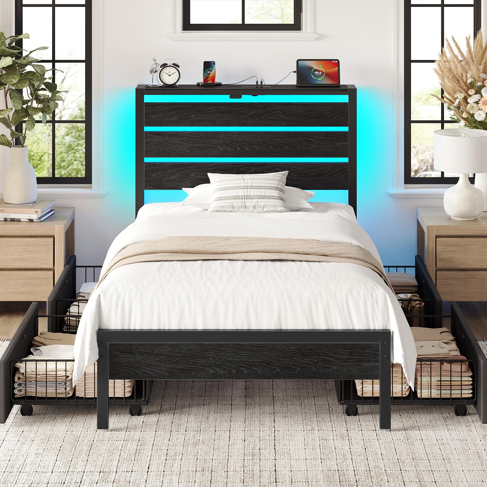 Rolanstar Twin Bed Frame with 4 Drawers, LED Lights and Charging Station, Metal Platform Bed with Storage Headboard, Noise Free,