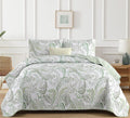 Wongs Bedding Boho Quilt Set King,Green Paisley Floral Pattern Bedspread Coverlet Set With 2 Pillowcases,3 Piece Lightweight Mic