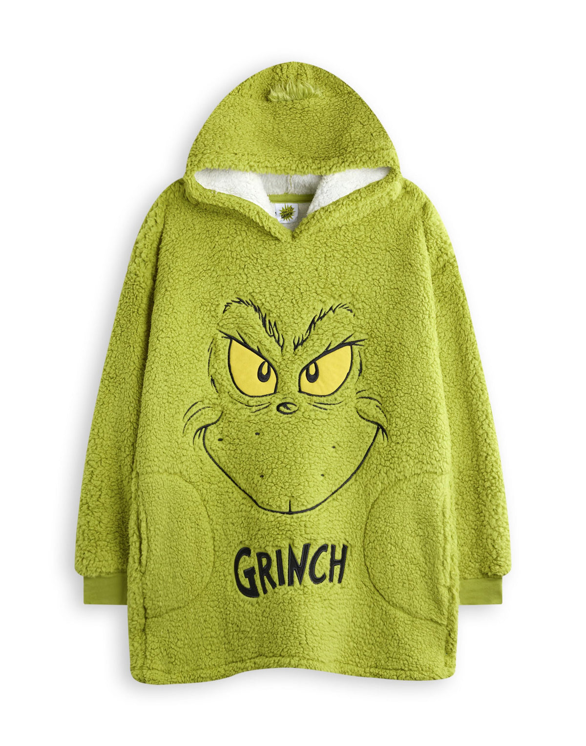 The Grinch Kids Wearable Blanket Hoodie | Childrens Hooded Fleece Pullover In Green With Grinch Character Face & Fur Hair