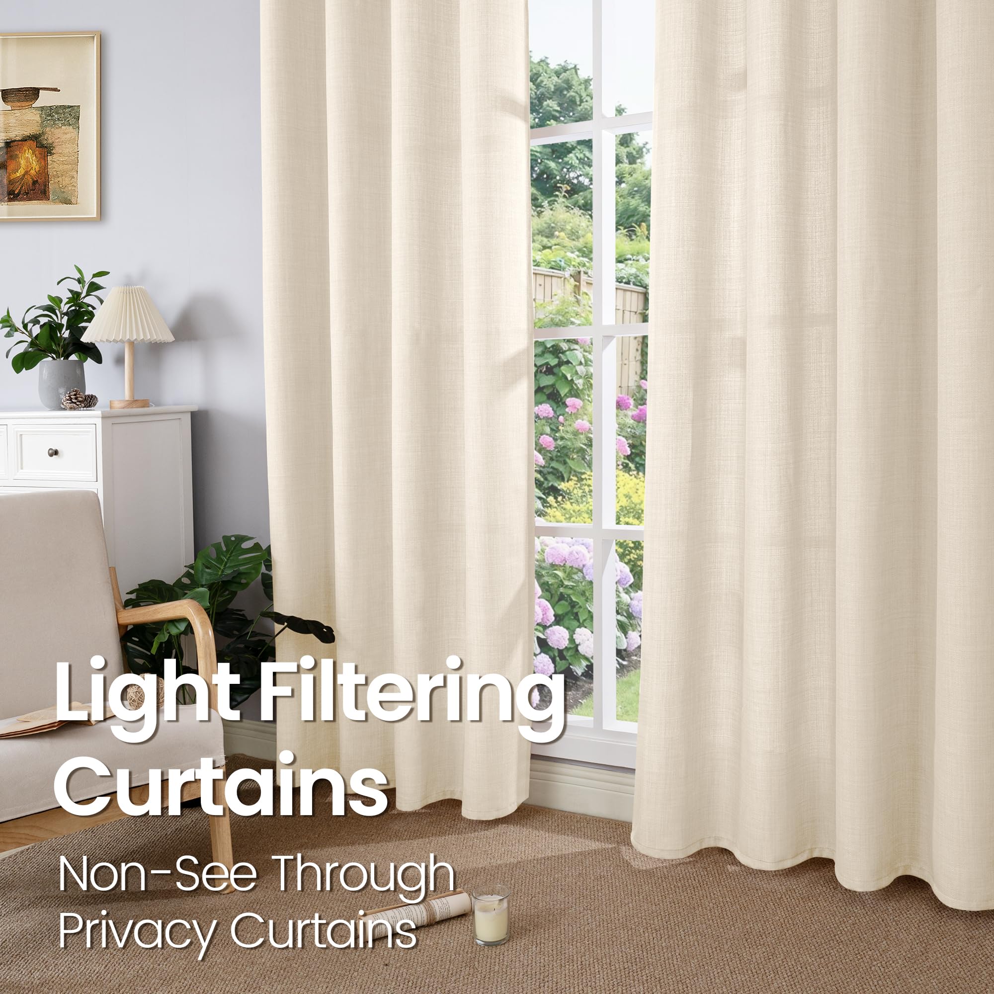 Bgment Faux Linen Curtains 90 Inches Long Set Of 2 Panels, Living Room Long Curtains Burlap Textured Thick Light Filtering Privacy Grommet Window Treatments, 52 X 90 Inch, Light Beige