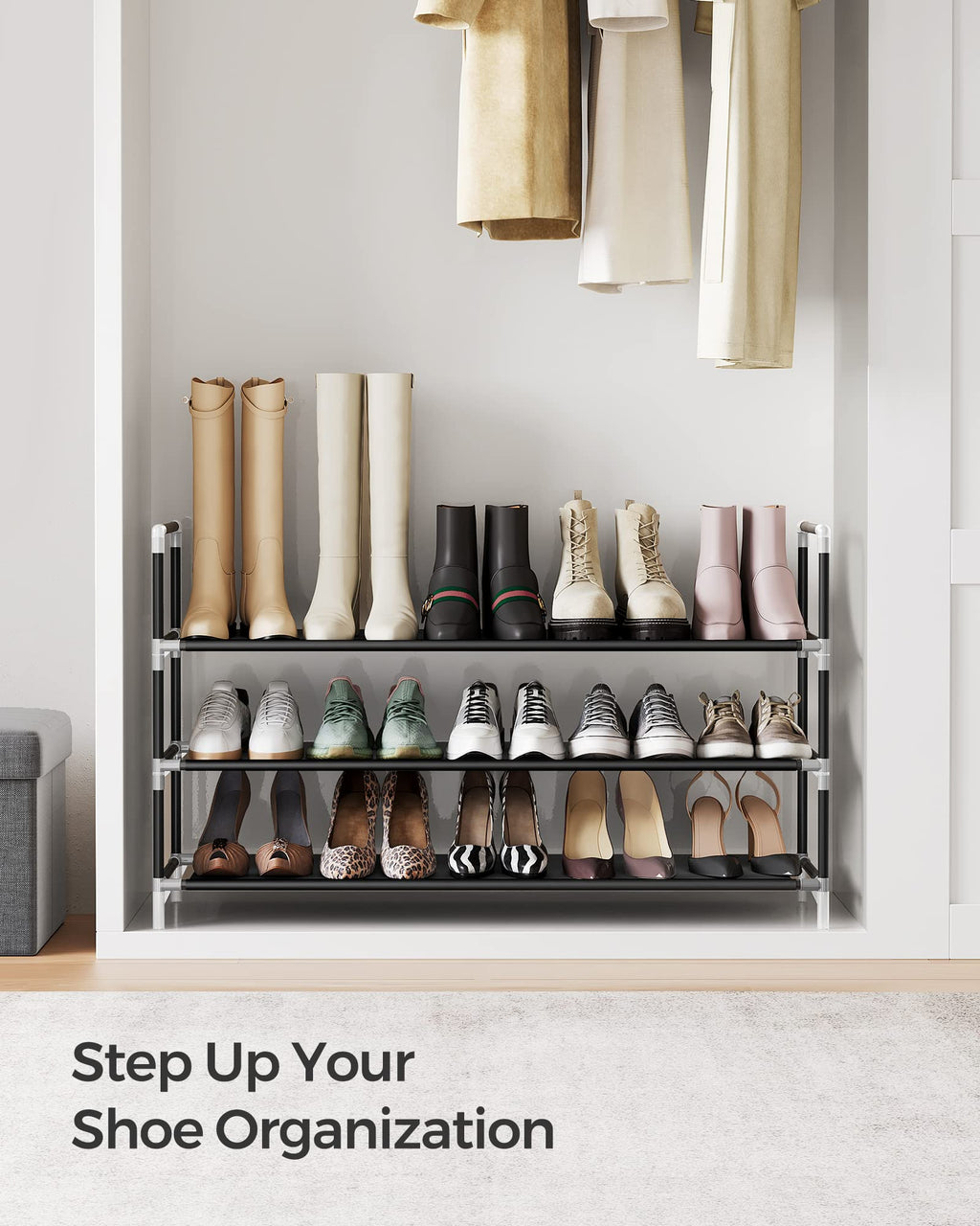 Songmics 3-Tier Shoe Rack, Shoe Storage For Hallway Closet, Slim And Space-Saving, Metal Frame, Non-Woven Fabric Shelves, Black Ulsh053B01