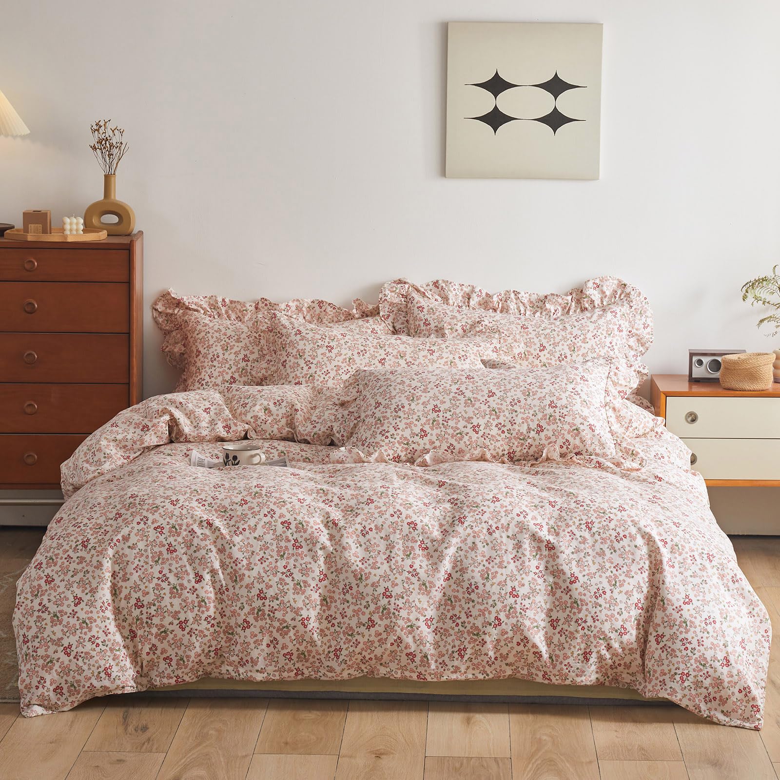Vm Vougemarket Girls Duvet Cover With Pink Red Flower Pattern 100% Cotton Elegant Floral Bedding Set Queen Cottagecore Comforter