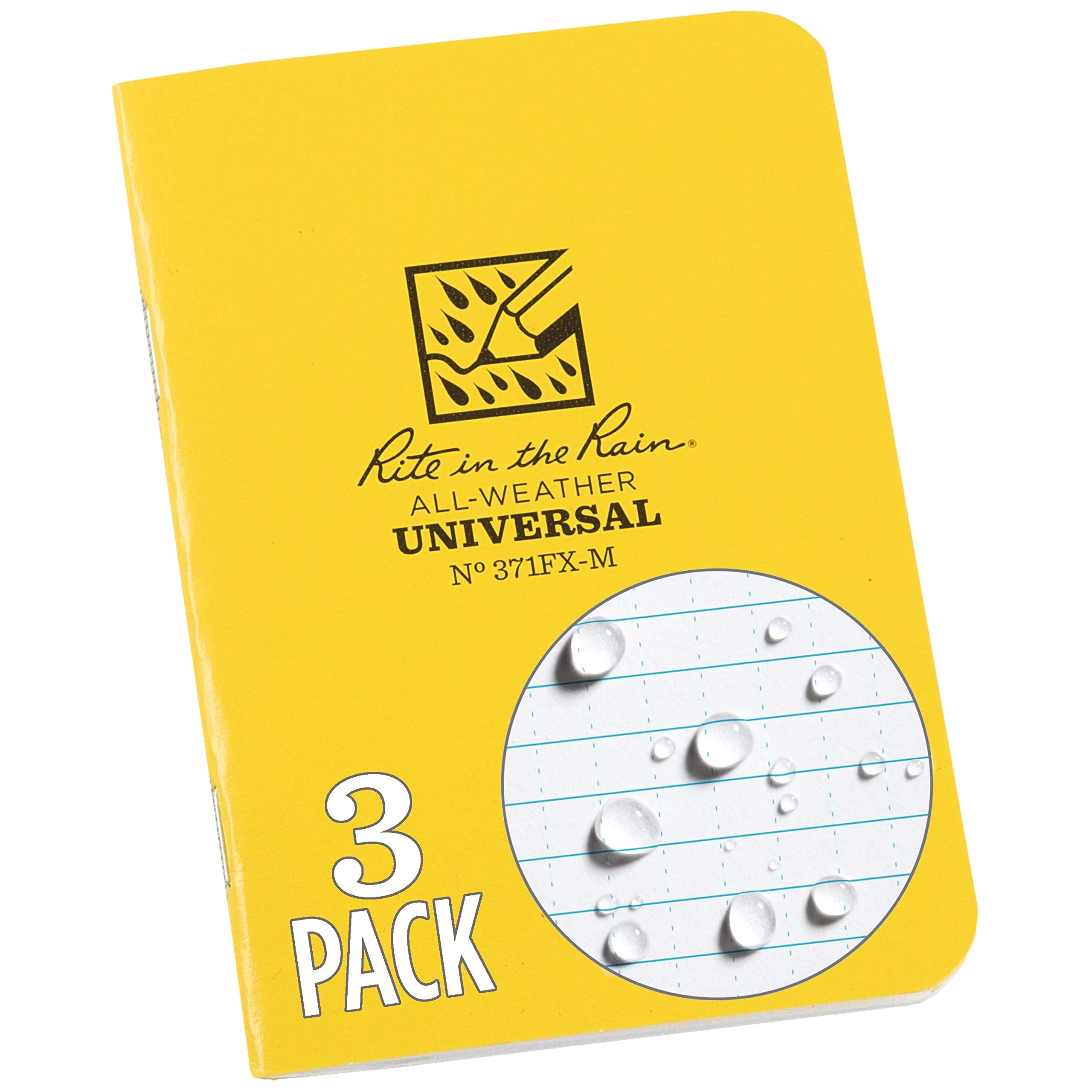 Rite In The Rain All-Weather Mini-Stapled Notebook, 3 1/4' X 4 5/8', Yellow Cover, Universal Pattern, 3 Pack (No. 371Fx-M), 4.
