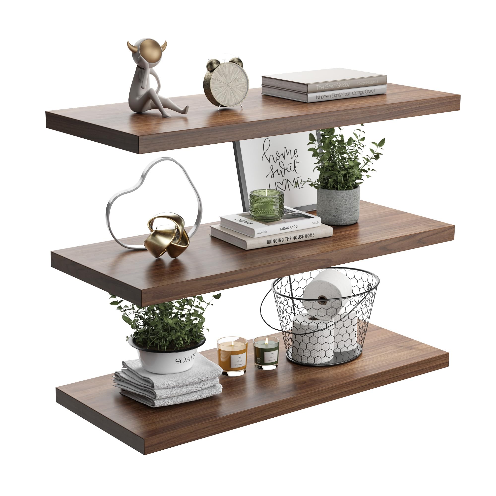 JPND Wall Shelf Set of 3, Walnut Floating Shelves 36 in W x 10 in D x 1 in H, Wooden Floating Wall Shelf with Invisible Brackets