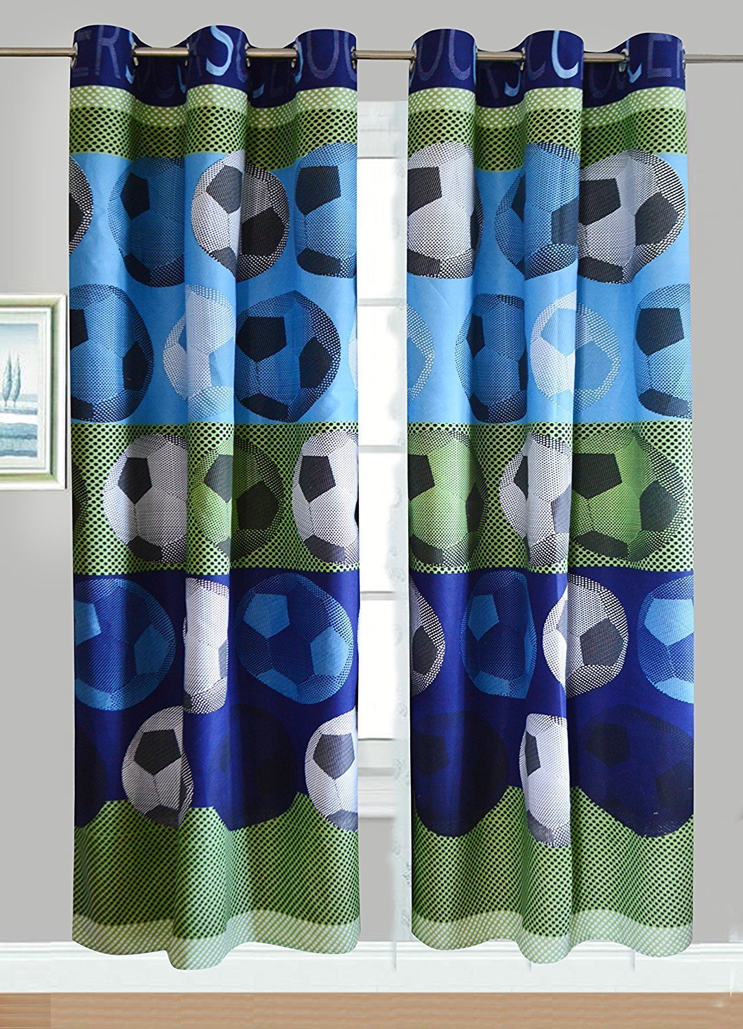 2 Panel Curtain Set For Boys/Teens Soccer Green Blue Black White New