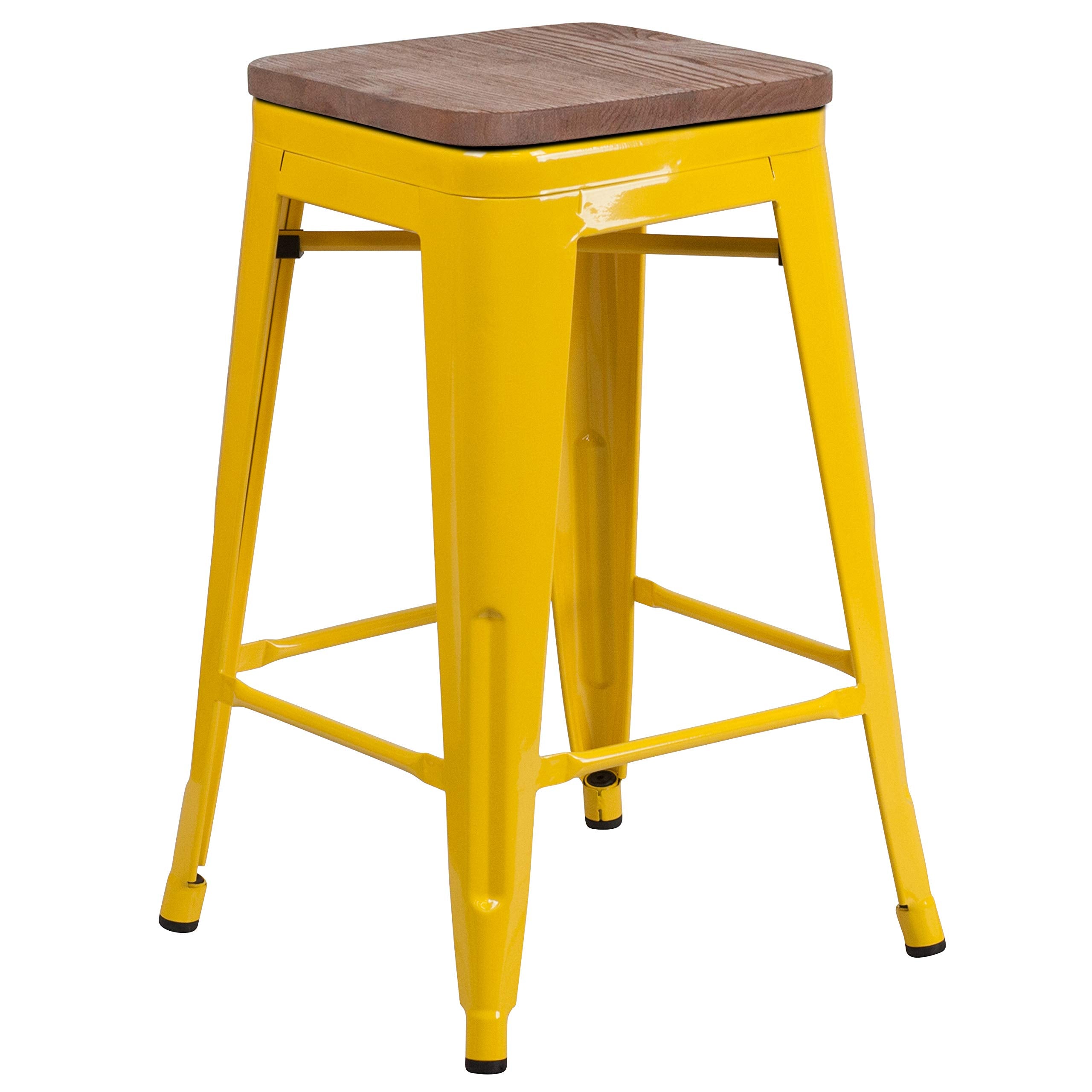 Flash Furniture Lily 24' High Backless Yellow Metal Counter Height Stool With Square Wood Seat (Pack Of 1)