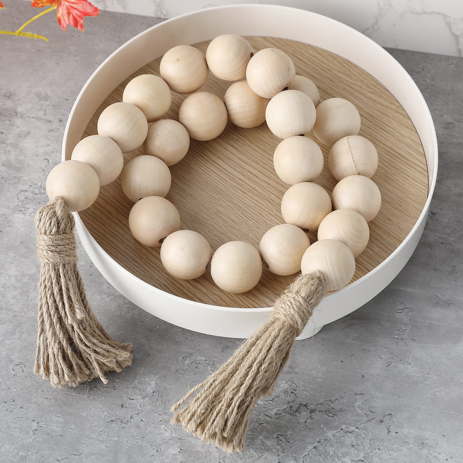 Farmhouse Decor Large Wood Bead Garland 50Inch Long With 1.6'' Diameter Beads, Natural Wooden Beads Decor With Tassels Decorativ