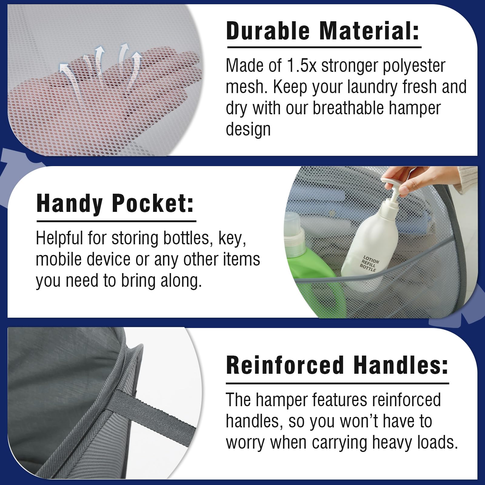Techmilly Mesh Pop Up Foldable Laundry Hamper With Strong Handles, Large Opening Clothes Hamper With Side Pockets, Storage Baske