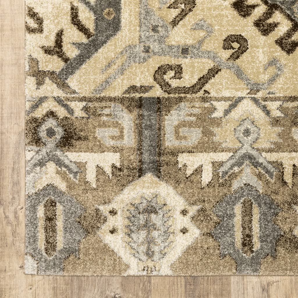 HomeRoots Polypropylene 8’ x 11’ Tan and Gold Central Medallion Indoor Area Rug