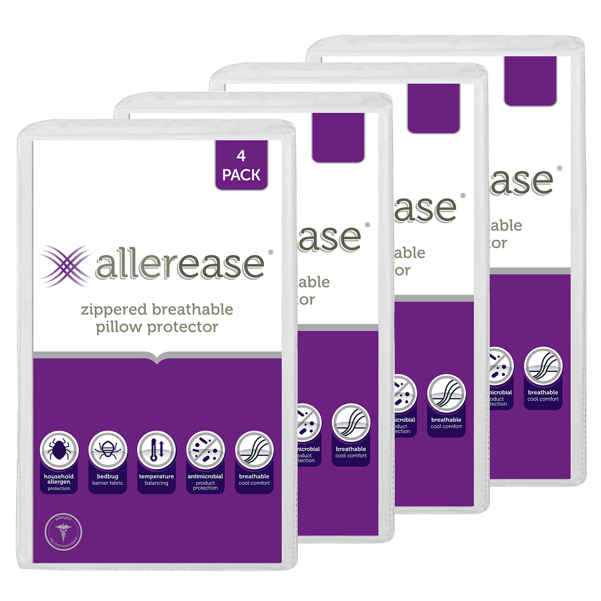 Set Of 4 Standardqueen Allerease Pillow Protectors - Temperature Balancing, Allergist Recommended - Premium Breathable, Zippered