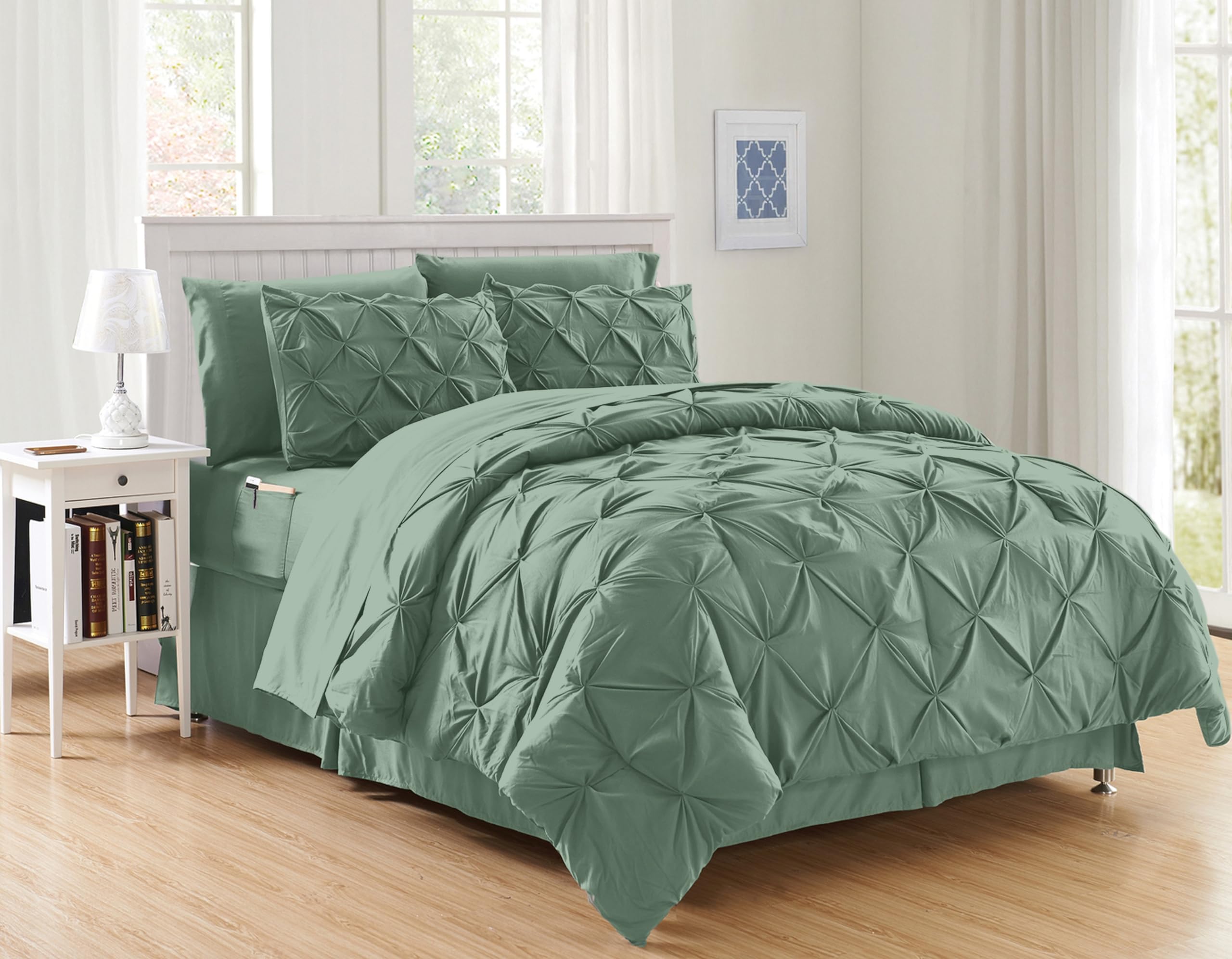 Elegant Comfort Luxury Softest, Coziest 8-Piece Bed-In-A-Bag Comforter Set - Silky Soft Complete Set Includes Bed Sheet Set With Double Sided Storage Pockets, Twin/Twin Xl, Smoke Green