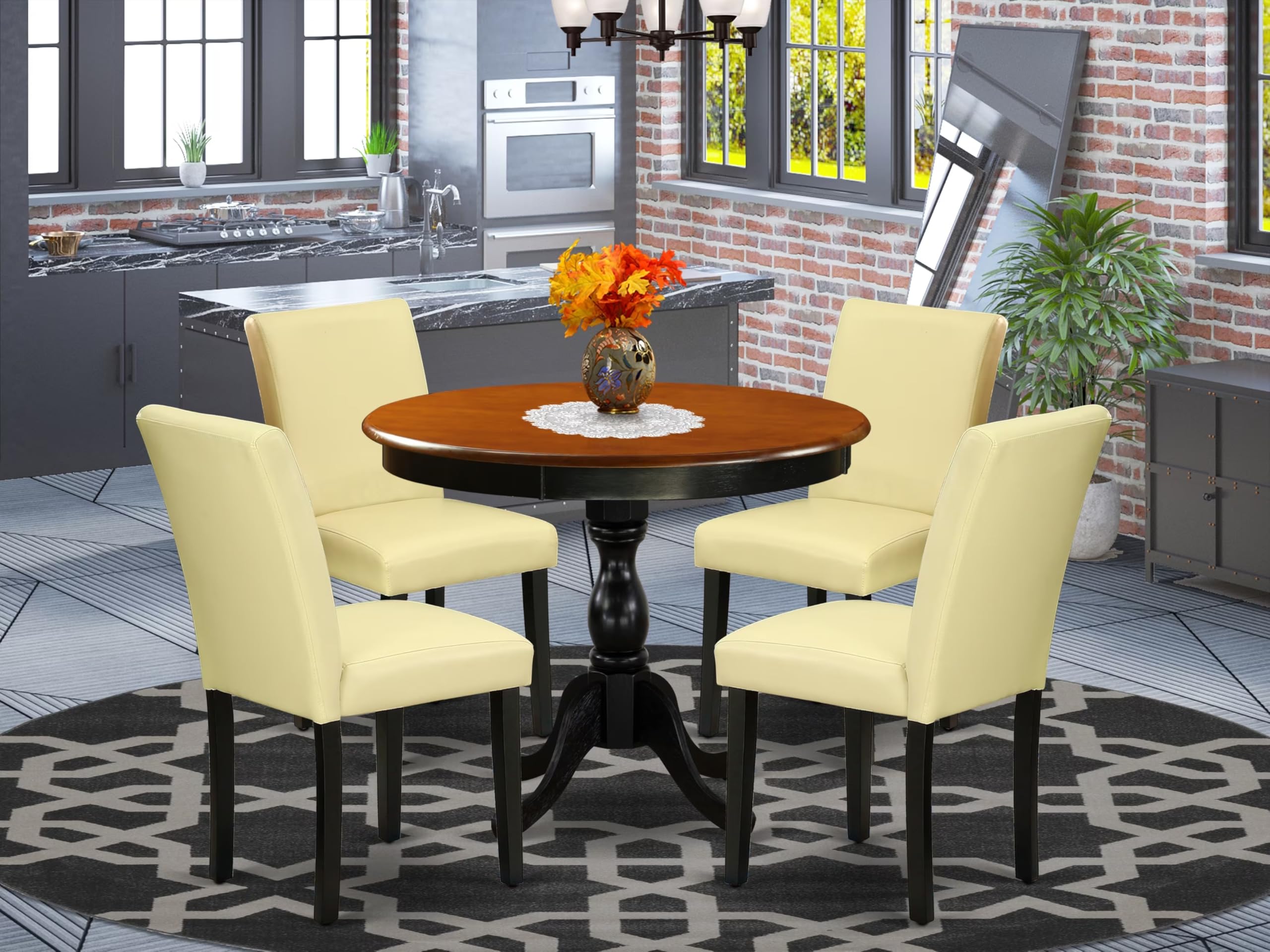 East West Furniture Amab5-Bch-73 5 Piece Kitchen Table & Chairs Set Includes A Round Dining Room Table With Pedestal And 4 Eggnog Faux Leather Parsons Dinette Chairs, 36X36 Inch, Black & Cherry