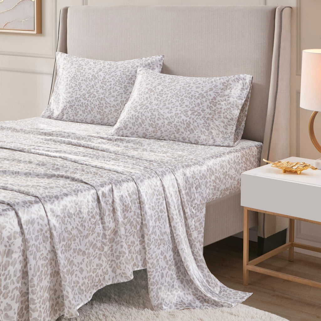 Madison Park Essentials Satin Sheet Set Luxury And Silky With Natural Sheen, Elastic 14' Pocket Fits Up To 16' Mattress, All Around Elastic - Year-Round Bedding, Twin Taupe Leopard 3 Piece