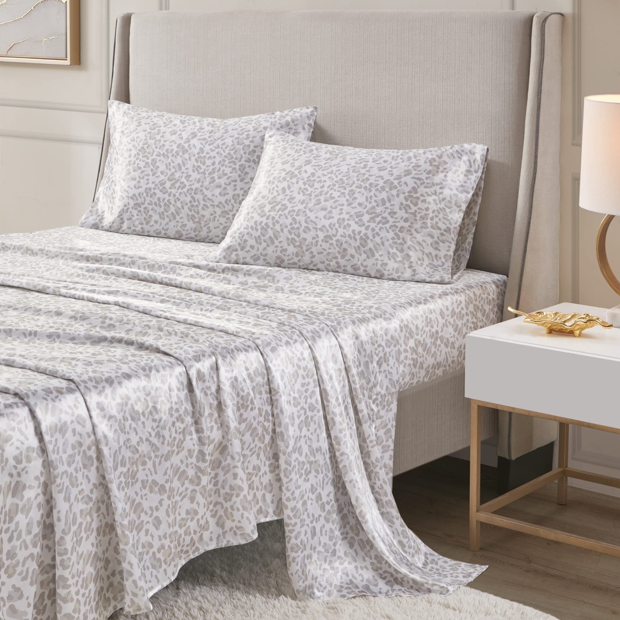 Madison Park Essentials Satin Sheet Set Luxury And Silky With Natural Sheen, Elastic 14' Pocket Fits Up To 16' Mattress, All Around Elastic - Year-Round Bedding, Twin Taupe Leopard 3 Piece