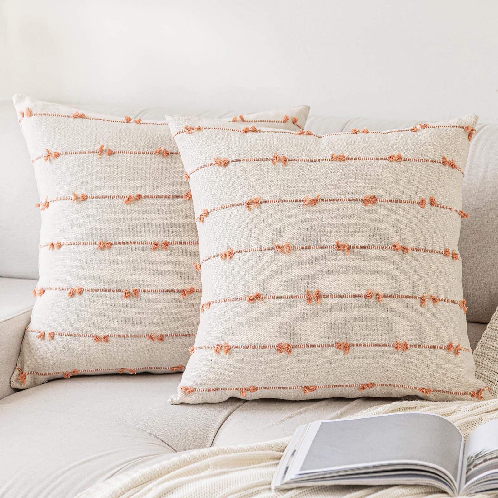 Yeenaasy Boho Throw Pillow Covers 18X18 Set Of 2 Modern Farmhouse Decorative Cushion Case Tufted Linen Square Pillows Cover Neut