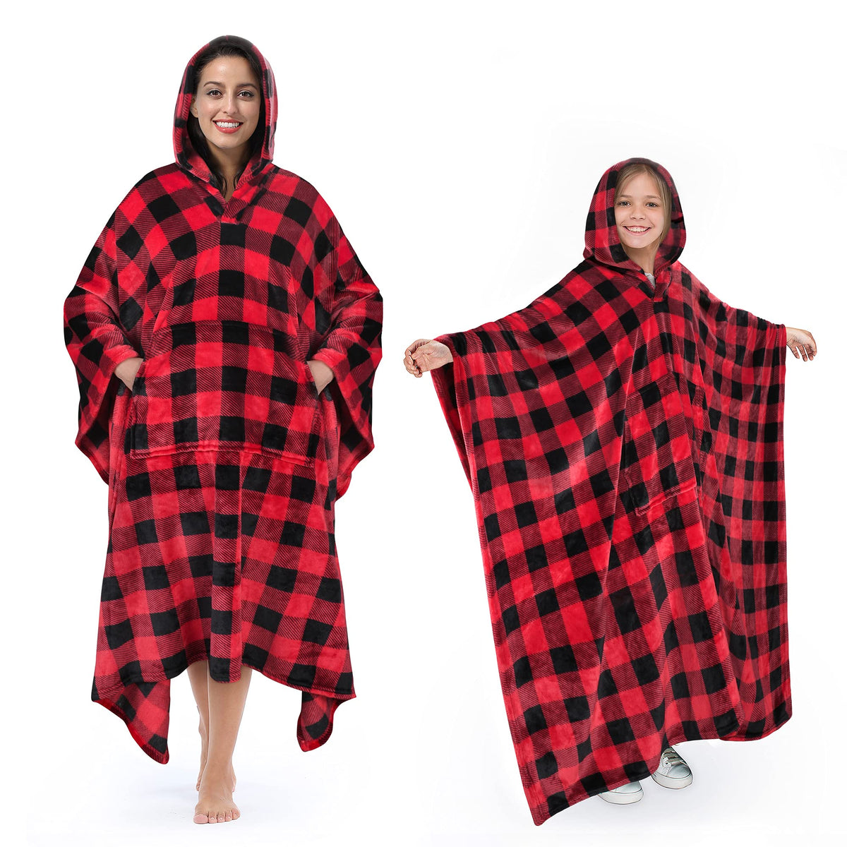 Tirrinia Buffalo Plaid Hooded Poncho Blanket, Fleece Wearable Throw Wrap With Hood And Pocket, Warm Cozy Soft For Adult Women Me