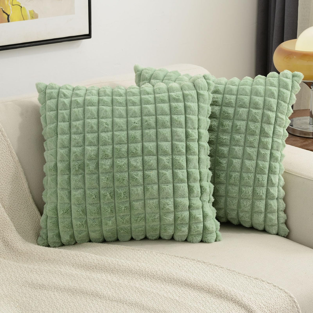 Futei Sage Green Decorative Throw Pillow Covers 20X20 Inch Set Of 2,Square Cushion Case,Fluffy Faux Rabbit Fur Plaid & Soft Velv