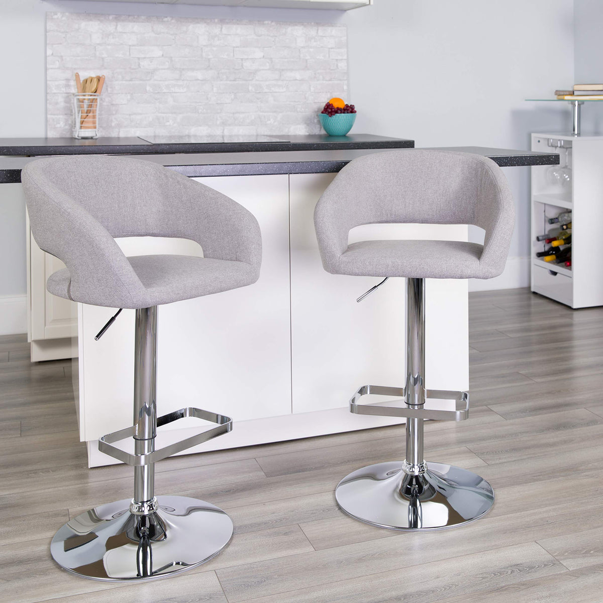 Flash Furniture Erik Contemporary Adjustable Height Barstool with Footrest and Rounded Mid-Back, Upholstered Bar or Counter Height Stool, Gray/Chrome