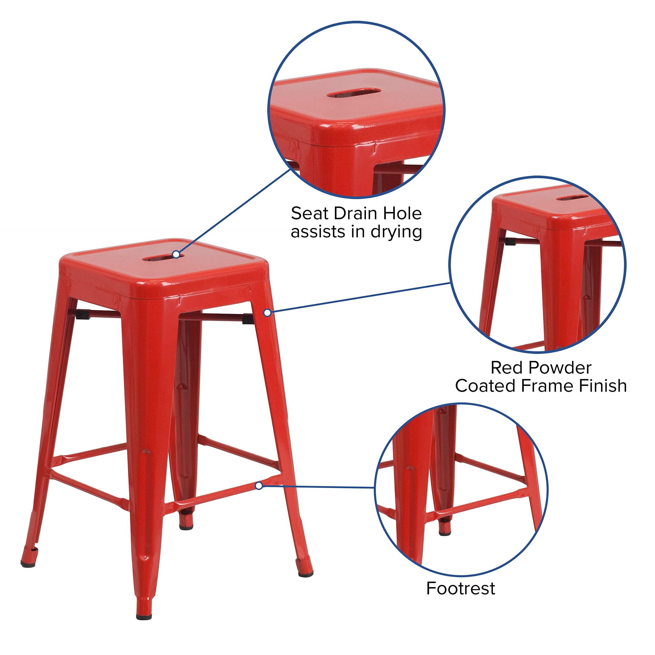 Flash Furniture Kai Commercial Grade 24&quot; High Backless Red Metal Indoor-Outdoor Counter Height Stool With Square Seat