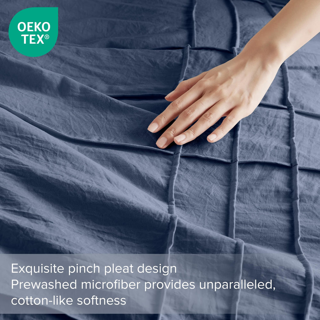 Comfort Spaces Navy Queen Size Duvet Cover Set - 3-Pc Pintuck Pleated Duvet Cover Queen, All Season Lightweight, Extra Softness Pre-Washed Microfiber Queen Bed Cover Shams, Queen