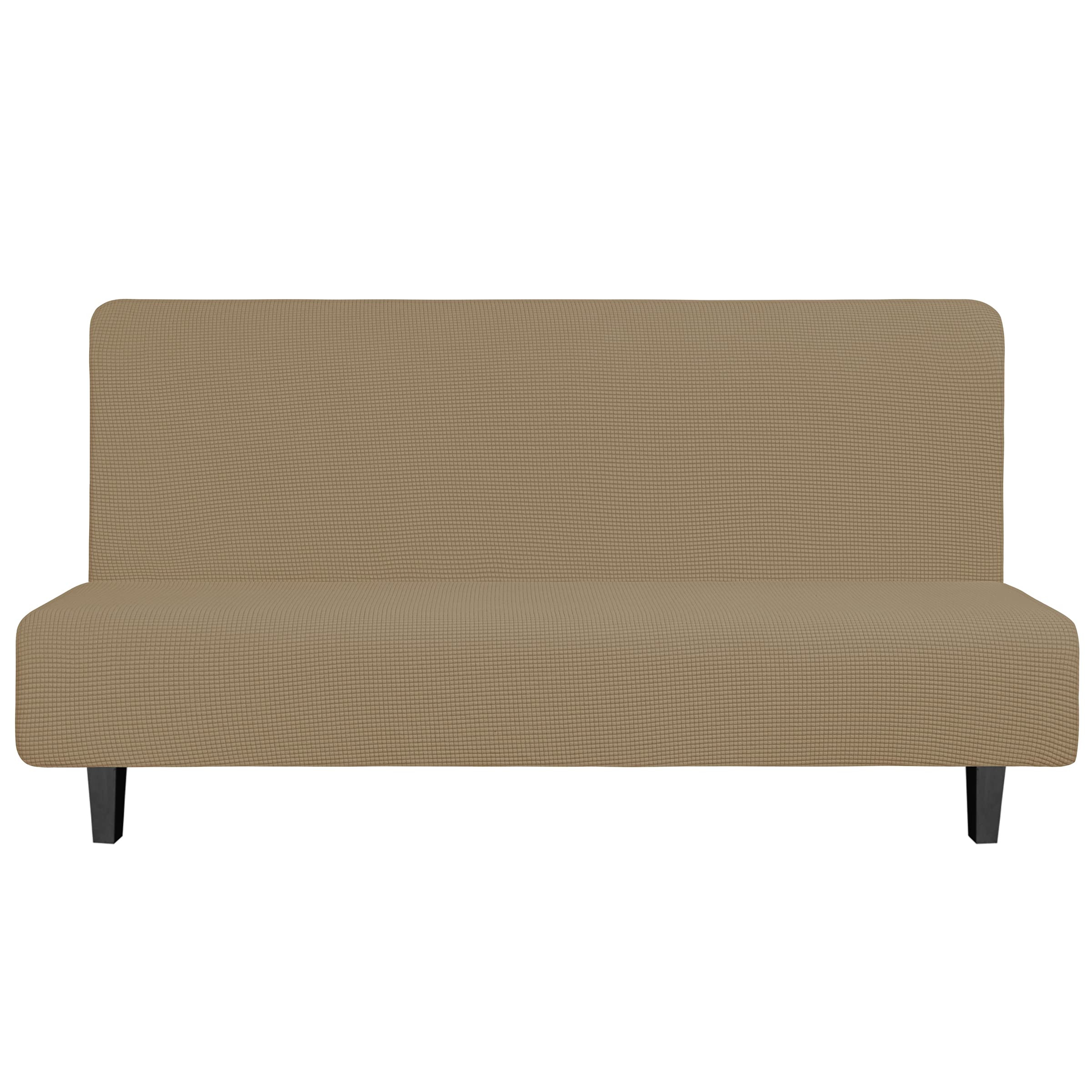 Easy-Going Stretch Futon Slipcover Armless Futon Bed Cover Furniture Protector Without Armrests With Elastic Bottom For Kids, Soft Jacquard Fabric Small Checks (Large, Tan)