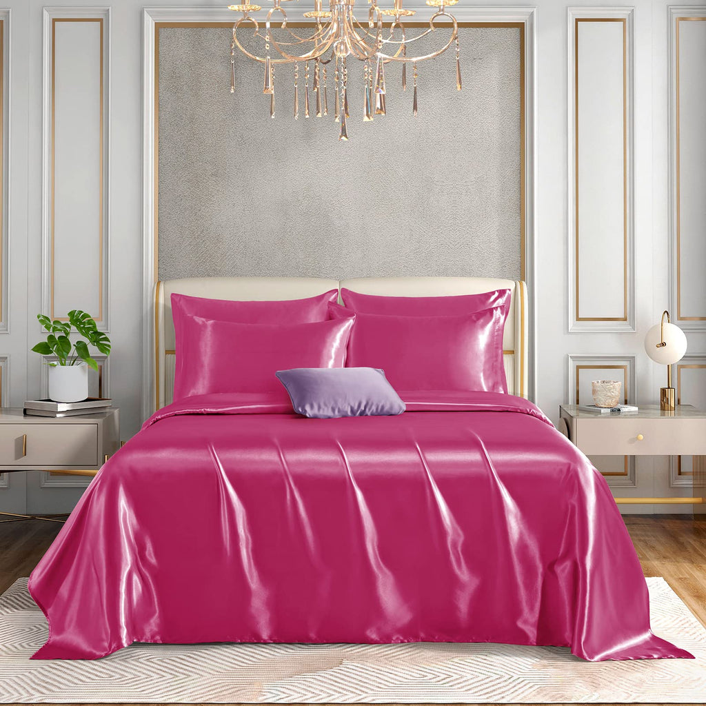 Horbaunal 6 Piece Satin Sheet Set Queen Size Luxury Silky & Soft Hot Pink Satin Queen Bed Sheet Set With 16'' Deep Pocket, 1 Fit