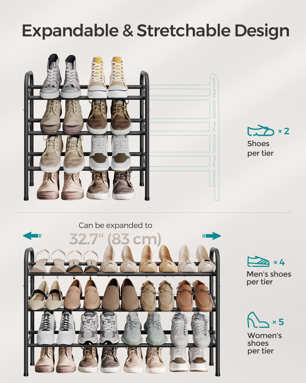 Songmics Expandable Shoe Rack, 3 Tier Shoe Rack Shelf, Adjustable Shoe Organizer Storage For 20 Pairs Of Shoes, Metal Free Standing Shoe Racks For Closet, Front Door Entryway, Easy Assembly, Ink Black