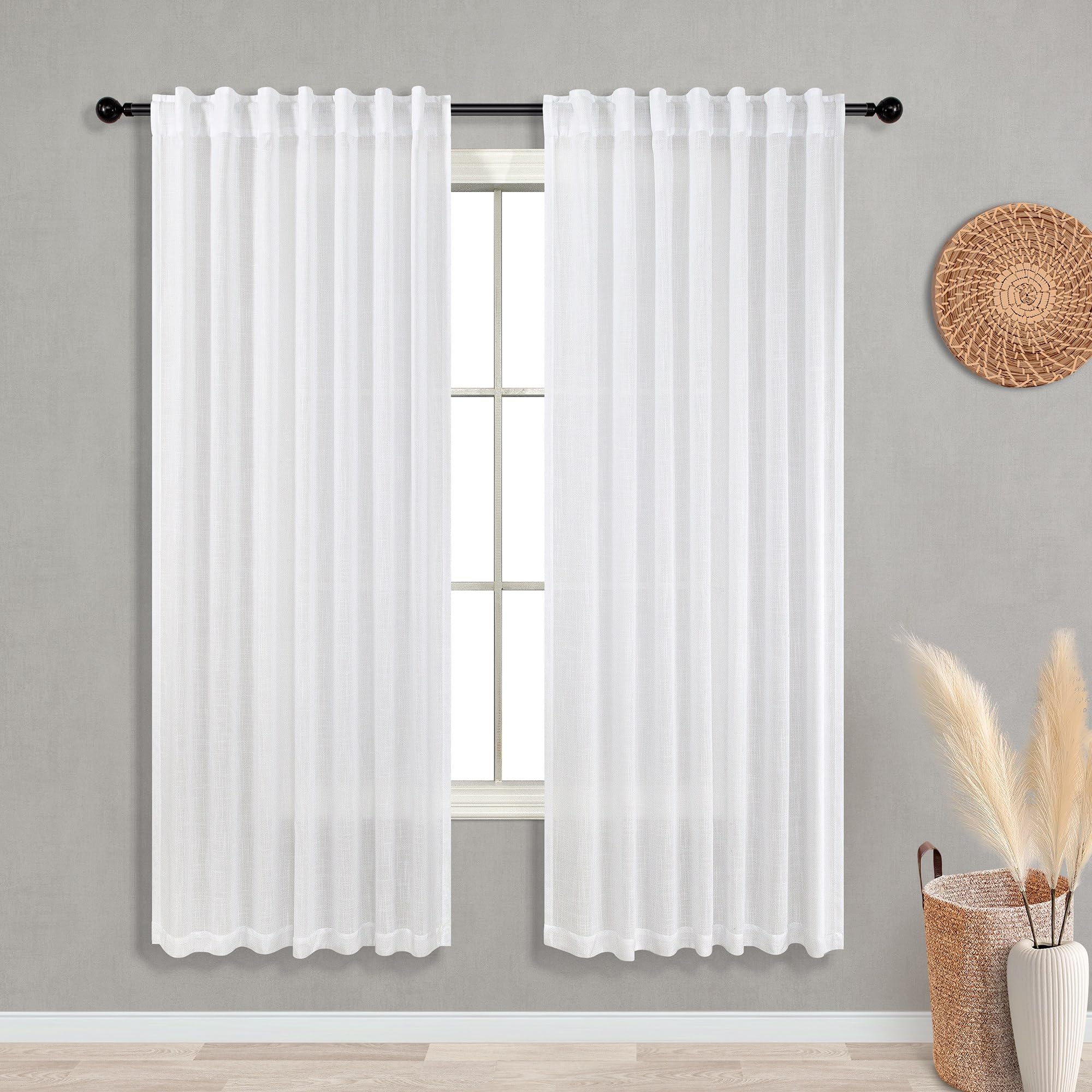 KOUFALL White Sheer Curtains 63 Inch Length for Bedroom 2 Panels Rod Pocket Back Tab Linen Semi Privacy Textured Drapes for Livi