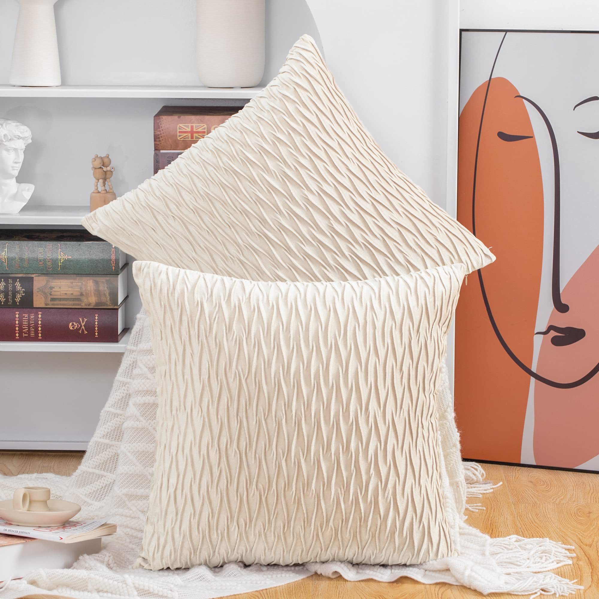 Madizz Set Of 2 Super Soft Velvet Decorative Throw Pillow Covers 26X26 Inch Beige Square With Texture Luxury Style Cushion Case