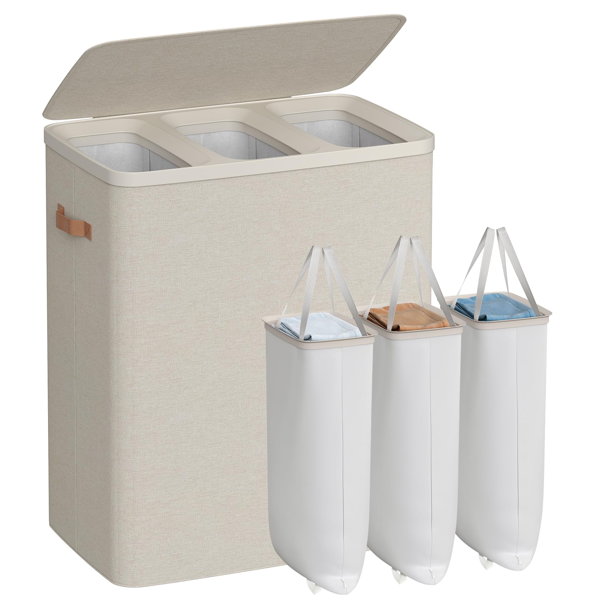 SONGMICS Laundry Basket, 50.2 Gal. Laundry Hamper, 3 Compartments, Easy Assembly, with Lid and Handles, Removable Liners, 25.2 x