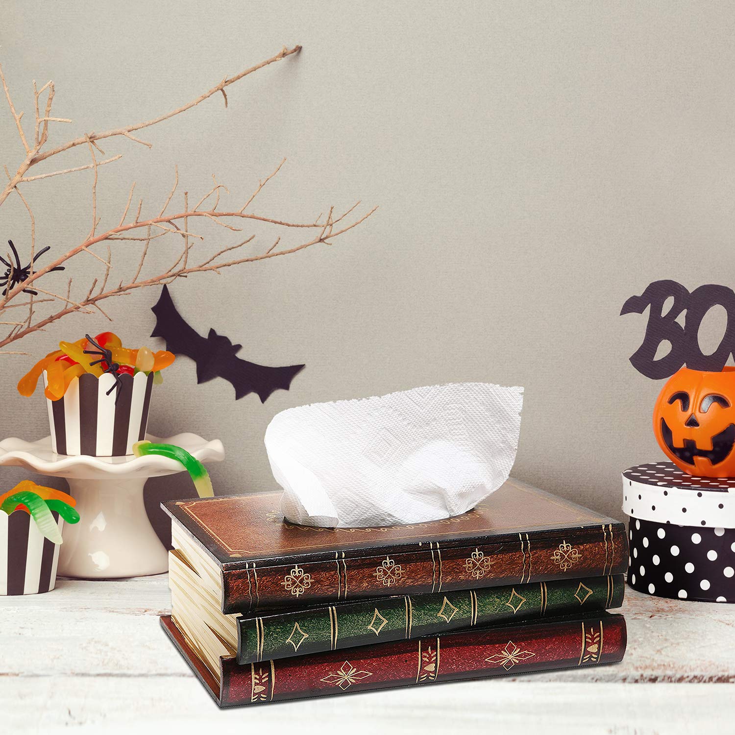 Mygift Vintage Stacked Books Design Solid Wood Tissue Box Holder Rectangular With Easy Refill Hinged Top, Home Office Decor Tiss