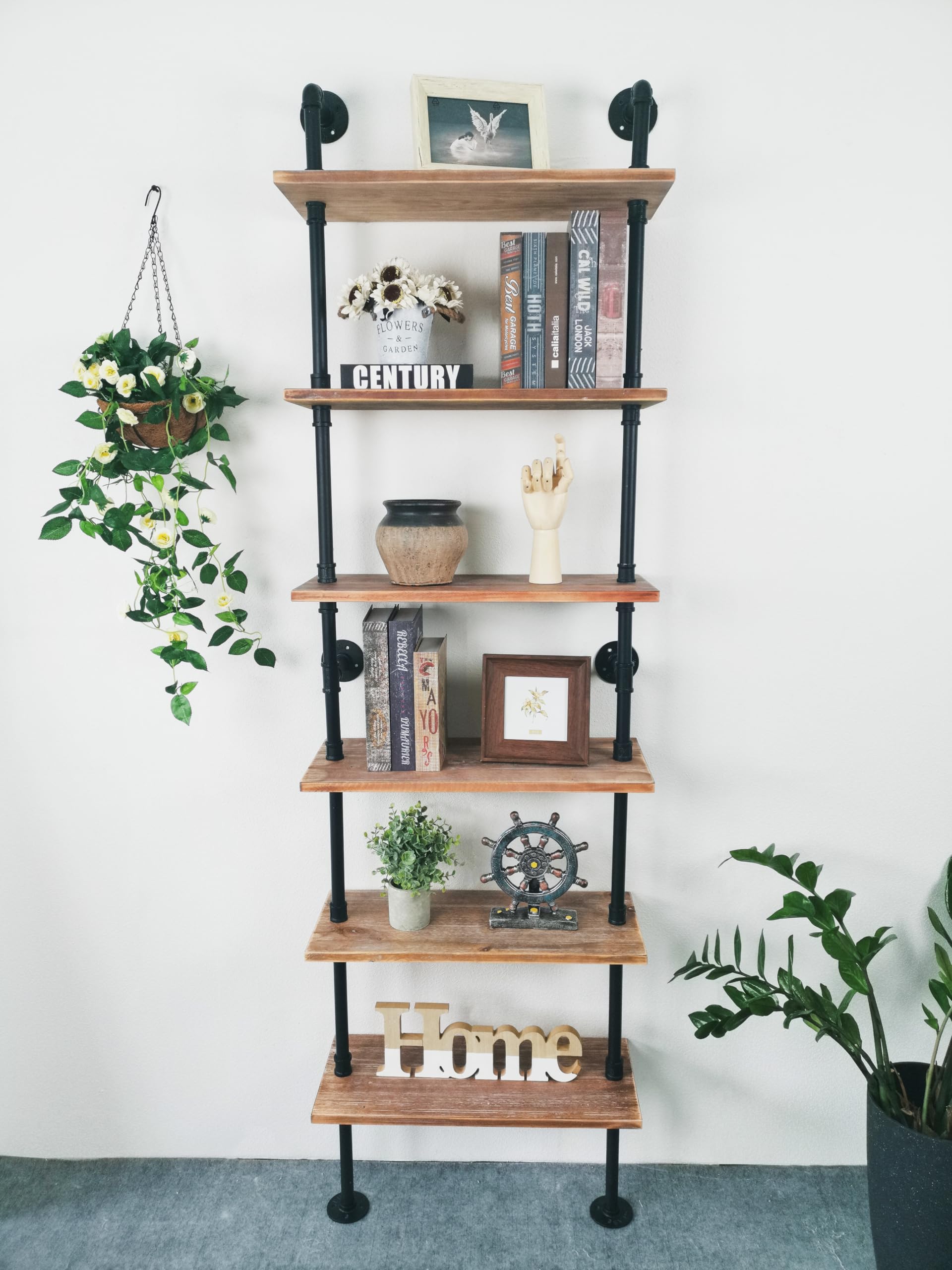 Anynice Industrial Ladder Pipe Shelves, Wall Mounted Rustic Bookshelf, Retro Metal Wood Bookcases (Weathered Brown, 6 Tier - 10 
